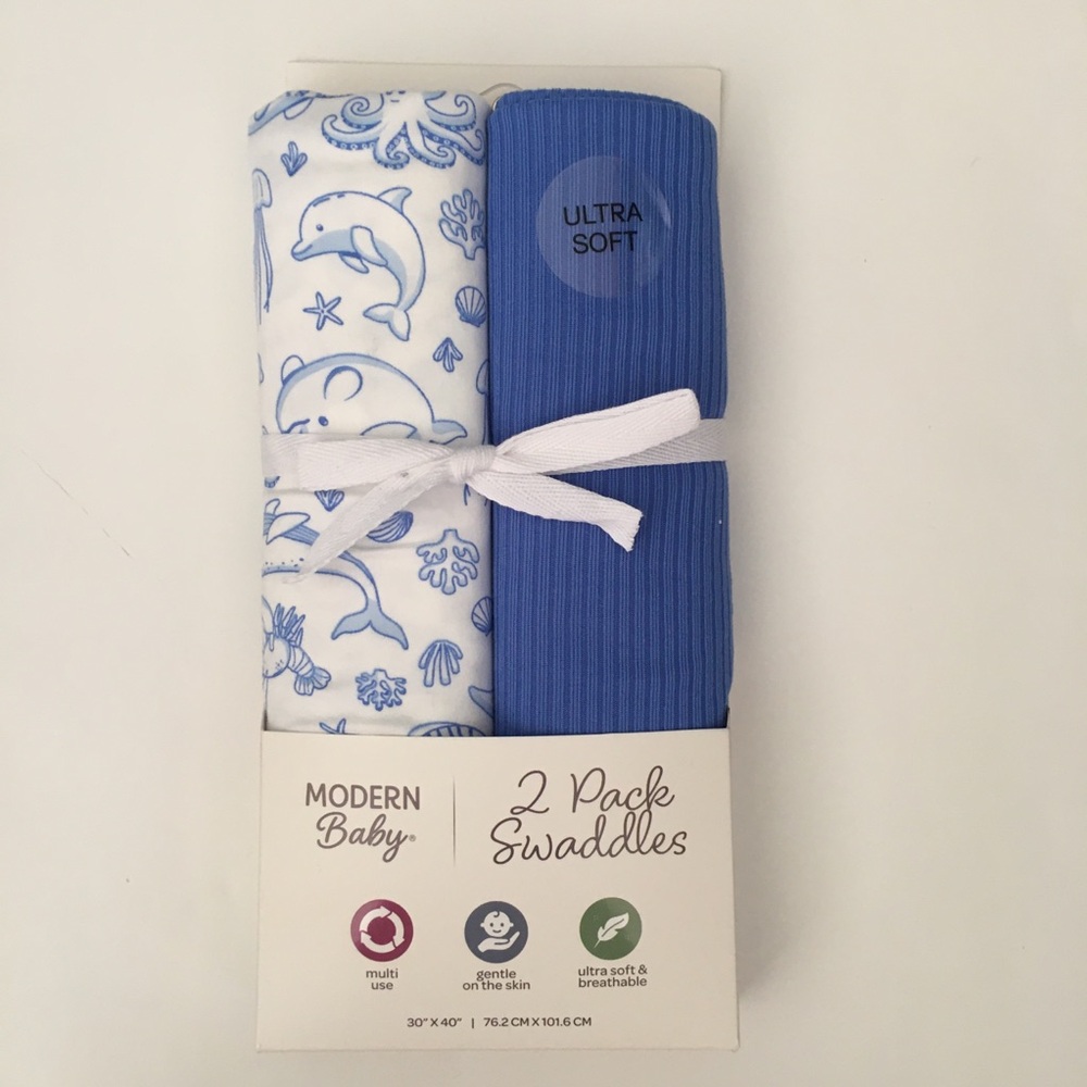 Blue Blankets Ultra-soft Multi-use Dolphin Print & Solid Blue Baby Gift NEW